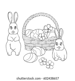 vector white black contour sketch of rabbits  eggs flowers in basket