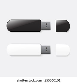 Vector of white and black glossy, shine blank USB flash drive.