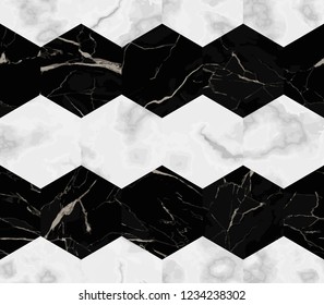 Vector white and black hexagon marble seamless pattern. Repeat stripe marbling surface, modern luxurious chessboard background, luxury wallpaper, textile print and tile.