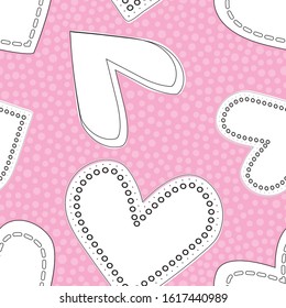 Vector white and black line art doodle hearts design. Seamless pattern on dense polka dot pink background. Great for Valentines day, wedding, anniversary, baby girl, fabric, giftwrap, stationery