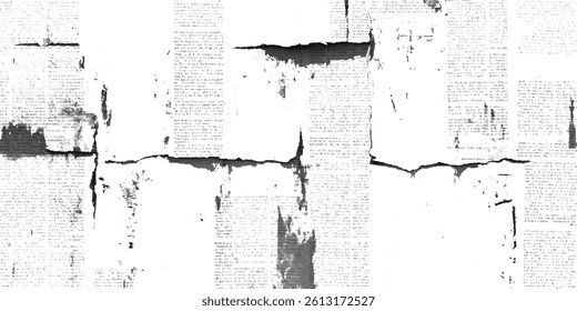 Vector white and black newspaper paper grunge vintage old aged texture. Vintage grunge newspaper collage background. Newspaper with old grunge vintage unreadable paper texture background.