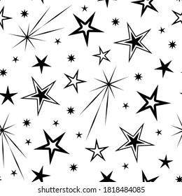 Vector White with Black Stars Geometric seamless repeat pattern background. Modern design with various star elements. Good for packaging, stationery, Christmas products