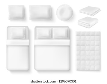 Vector white blank bedding set. Bed, pillow, linen and folded and unfolded blanket, duvet cover realistic templates.