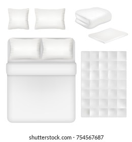 Vector white blank bedding set. Bed, pillow, linen and folded and unfolded blanket realistic templates.