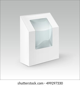 Vector White Blank Cardboard Rectangle Take Away Box Packaging For Sandwich, Food, Gift, Other Products with Plastic Window Mock up Close up Isolated on White Background