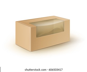 Vector White Blank Cardboard Rectangle Take Away Box Packaging For Sandwich, Food, Gift, Other Products With Plastic Window Mock Up Close Up Isolated On White Background