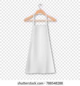 Vector white blank cotton kitchen apron with clothes wooden hanger closeup isolated on transparency grid background. Design template, mock up for branding, advertising etc. Cooking or baker concept