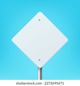 Vector blanco en blanco Diamante en forma de símbolo de la carretera Icono de marco cerrado en fondo azul. Plantilla de diseño de placa de puntero de carretera, vista frontal