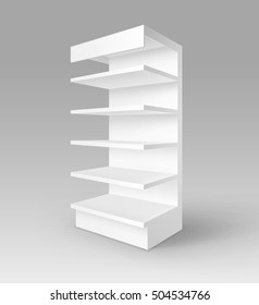 Vector White Blank Empty Exhibition Trade Stand Shop Rack with Shelves Storefront Isolated on Background