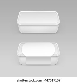 Vector White Blank Food Plastic Box Container for Mayonnaise, Margarine, Cheese, Ice cream, Sour cream with Label For Package Design Mock up Close Isolated on Background