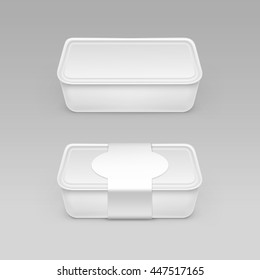 Vector White Blank Food Plastic Box Container for Mayonnaise, Margarine, Cheese, Ice cream, Sour cream with Label For Package Design Mock up Close Isolated on Background