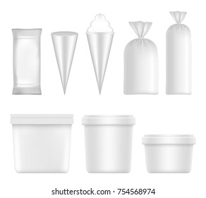 Vector white blank ice cream packaging and container set. Plastic pack templates isolated on white background.