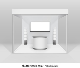 Vector White Blank Indoor Trade exhibition Booth Standard Stand for Presentation with Counter Screen Booklet Brochure Holder Isolated on Background