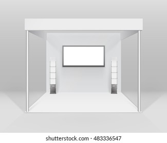Vector White Blank Indoor Trade exhibition Booth Standard Stand for Presentation with Spotlight Screen Booklet Brochure Holder Isolated on Background