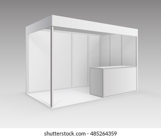 Vector White Blank Indoor Trade exhibition Booth Standard Stand for Presentation with Counter Isolated in Perspective on Background