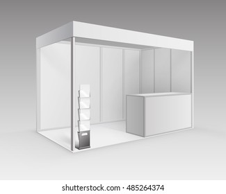 Vector White Blank Indoor Trade exhibition Booth Standard Stand for Presentation with Counter Booklet Brochure Holder in Perspective Isolated on Background