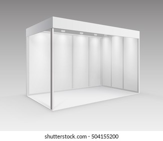 Vector White Blank Indoor Trade exhibition Booth Standard Stand for Presentation with Spotlight in Perspective Isolated on Background