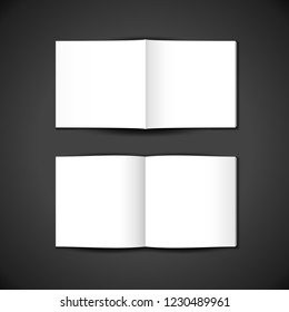 vector white blank mock up internal and external paper square cover of opened booklet, unfolded brochure, magazine illustration realistic with shadow template design isolated on dark background
