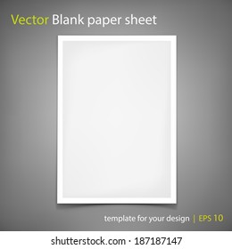 Vector white blank paper A4 sheet on grey background. Template for your design