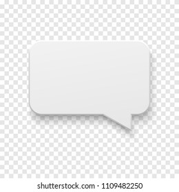 Vector white blank paper speech bubble on transparent background. Realistic 3d illustration. Rectangle shape. Template for your design.