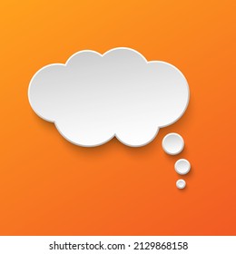 Vector white blank paper speech bubble on orange gradient background. Realistic 3d illustration. Cloud shape. Template for your design.