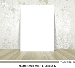 Vector white blank poster in light interior with falling plaster vintage wall and wooden floor. Template mock up for your design