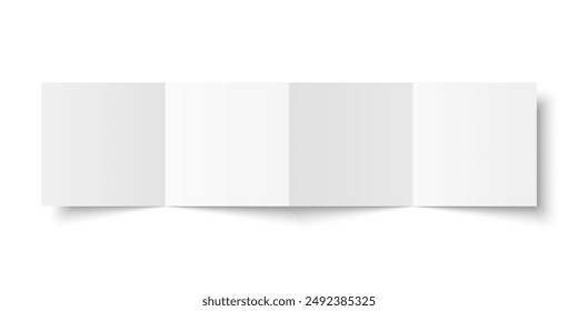 Vector white blank square four panel accordion fold opened on white background. Concertina fold, leaflet, brochure, booklet, flyer or invitation card mockup. Mock up front side isolated.