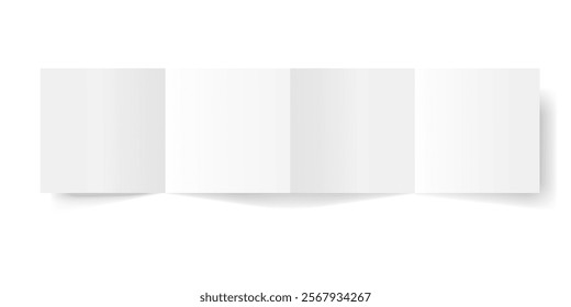 Vector white blank square four panel accordion fold opened on white background. Concertina fold, leaflet, brochure, booklet, flyer or invitation card mockup. Vector design element. EPS10.