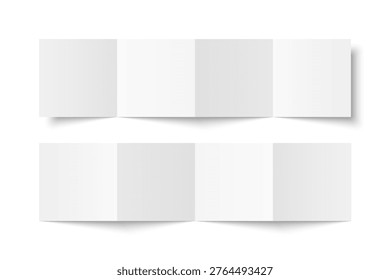 Vector white blank square four panel accordion fold opened on white background. Concertina fold, leaflet, brochure, booklet, flyer or invitation card mockup. Mock up front and back side isolated.