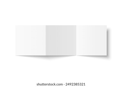 Vector white blank square three panel accordion fold opened on white background. Z fold, trifold, leaflet, brochure, booklet, flyer or invitation card mockup. Mock up front side isolated.