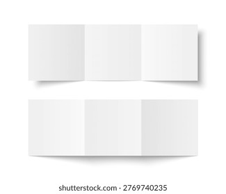 Vector white blank square three panel roll fold opened on white background. Trifold, leaflet, brochure, booklet, flyer or invitation card mockup. Mock up front and back side isolated