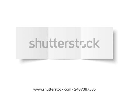 Vector white blank square three panel roll fold opened on white background. Trifold, leaflet, brochure, booklet, flyer or invitation card mockup. Mock up front side isolated. 3D illustration