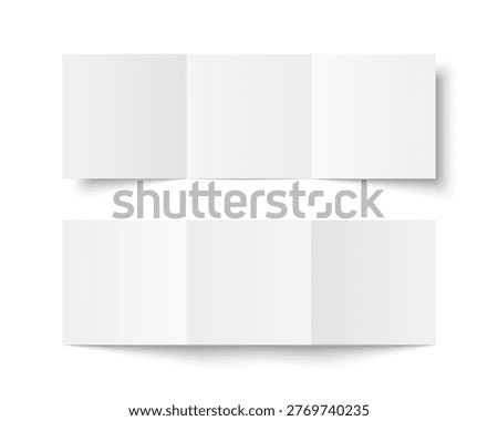 Vector white blank square three panel roll fold opened on white background. Trifold, leaflet, brochure, booklet, flyer or invitation card mockup. Mock up front and back side isolated