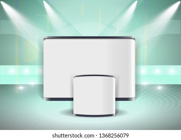 Vector White Blank Trade Exhibition Pop Up Stand for Presentation with Promotion Counter Table On Abstract Background