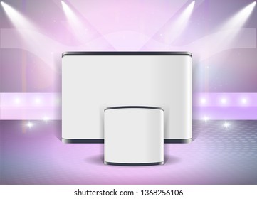 Vector White Blank Trade Exhibition Pop Up Stand for Presentation with Promotion Counter Table On Abstract Background