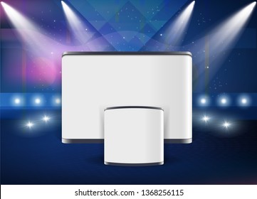 Vector White Blank Trade Exhibition Pop Up Stand for Presentation with Promotion Counter Table On Abstract Background