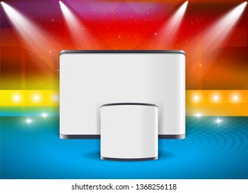 Vector White Blank Trade Exhibition Pop Up Stand for Presentation with Promotion Counter Table On Abstract Background