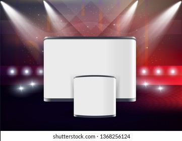 Vector White Blank Trade Exhibition Pop Up Stand for Presentation with Promotion Counter Table On Abstract Background