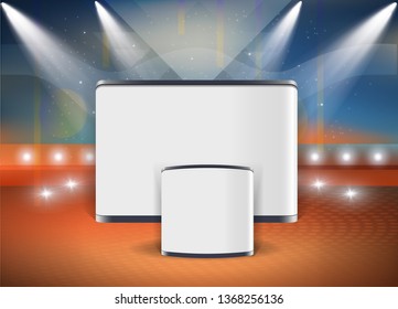 Vector White Blank Trade Exhibition Pop Up Stand for Presentation with Promotion Counter Table On Abstract Background