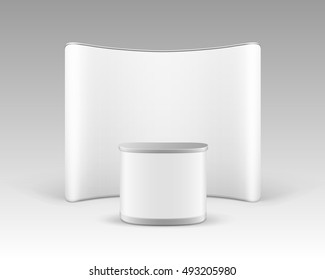 Vector White Blank Trade Exhibition Pop Up Stand for Presentation with Promotion Counter Table Isolated on White Background