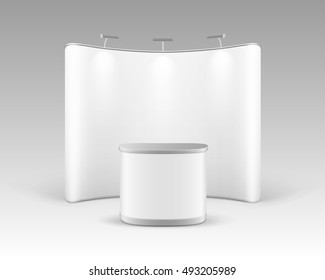 Vector White Blank Trade Exhibition Pop Up Stand for Presentation with Promotion Counter Table and Backlights Isolated on White Background