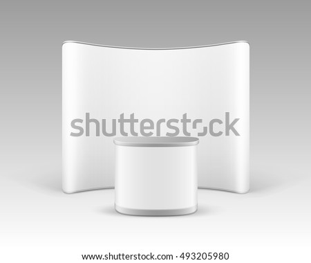 Vector White Blank Trade Exhibition Pop Up Stand for Presentation with Promotion Counter Table Isolated on White Background Foto stock © 