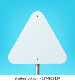 Vector White Blank Triangle Road Sign Frame Icon Closeup on Blue Background. Road Poiner Plate Design Template, Front View