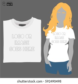 vector white blank t-shirt template and female silhouette in a white T-shirt for placing and modeling of logos, prints and images. It can be used as a mock-up. flat style.