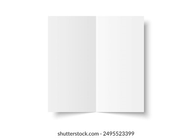 Vector white blank vertical bi fold opened on white background. Bifold, leaflet, brochure, booklet, flyer or invitation card mockup. Mock up front side isolated. 3D illustration