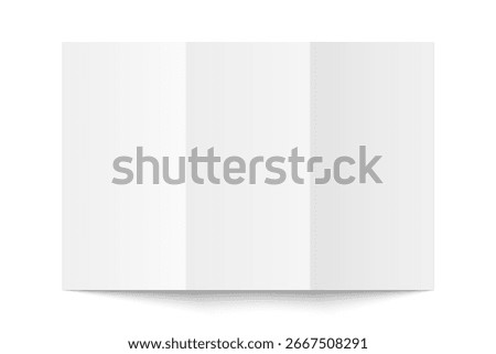 Vector white blank vertical three panel roll fold opened on white background. Trifold, leaflet, brochure, booklet, flyer or invitation card mockup. Mock up back side isolated. 3D illustration