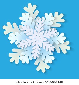 Vector white and blue christmas paper snowflake with shadow. Holiday, New year and Christmas design elements. Modern trend concept