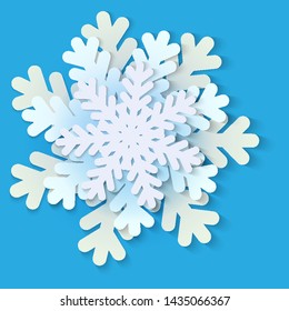 Vector white and blue christmas paper snowflake with shadow. Holiday, New year and Christmas design elements. Modern trend concept