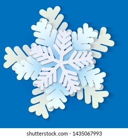 Vector white and blue christmas paper snowflake with shadow. Holiday, New year and Christmas design elements. Modern trend concept