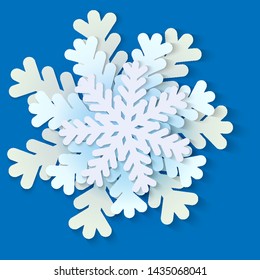 Vector white and blue christmas paper snowflake with shadow. Holiday, New year and Christmas design elements. Modern trend concept